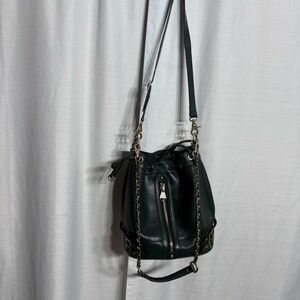 Dolce Vita Dark Green Leather Bucket Bag Crossbody Chain Strap Boho Chic Lux